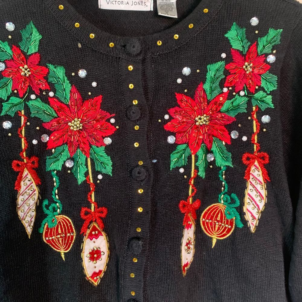 Vintage Victoria Jones Poinsettia Ornament Black Embroidered Sequin Cardigan Med - Picture 3 of 11